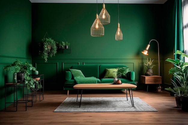 A living room with green walls and a wooden coffee table with a wooden coffee table and a green sofa.