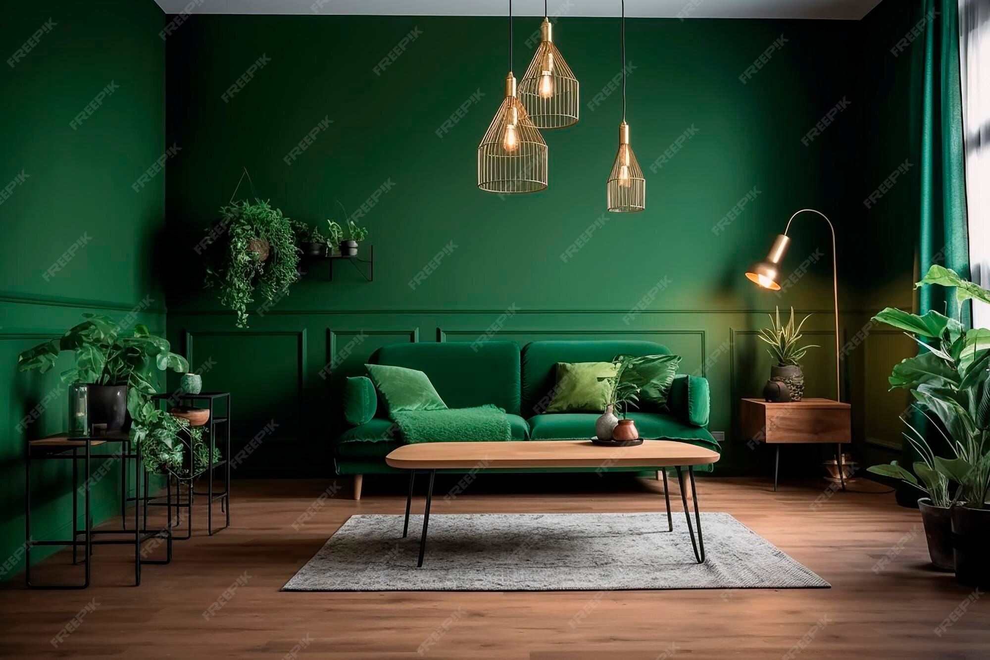 Premium AI Image A living room with green walls and a wooden coffee table with a wooden coffee
