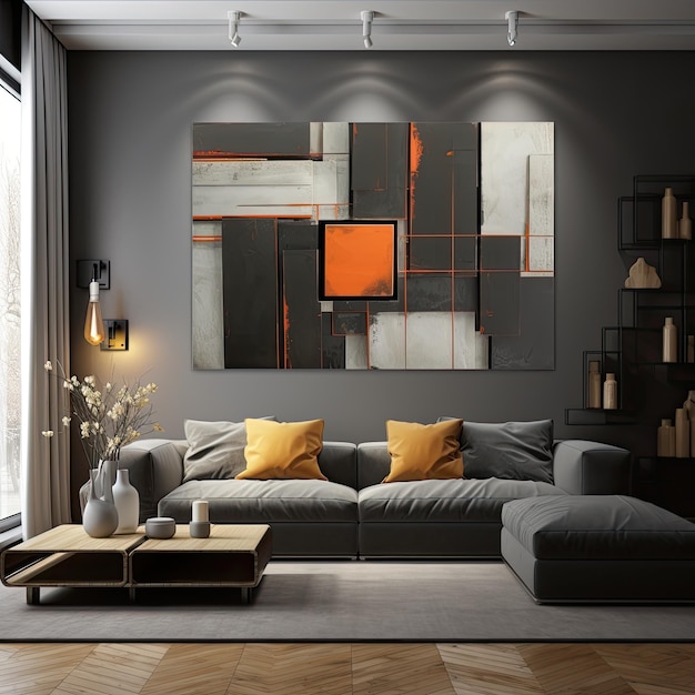 a living room with a grey couch and orange pillows
