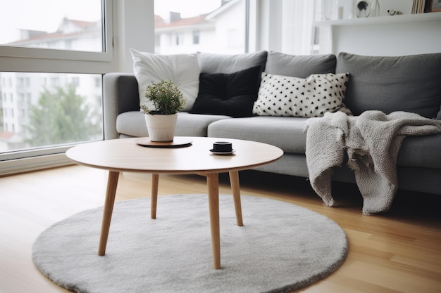 A living room with a grey couch and a round coffee table with a black pillow on it.