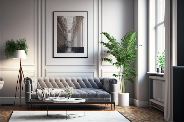 A living room with a grey couch and a white wall with a picture of a building on it.