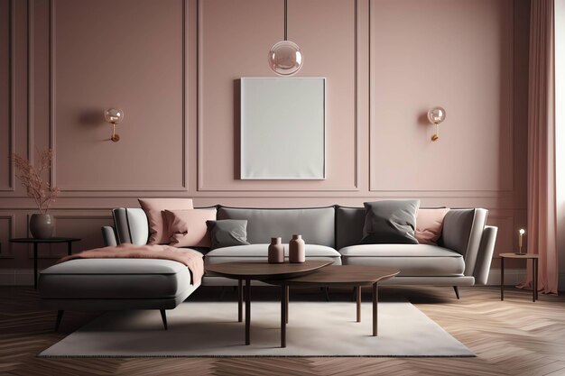 A living room with a grey sofa and a coffee table.