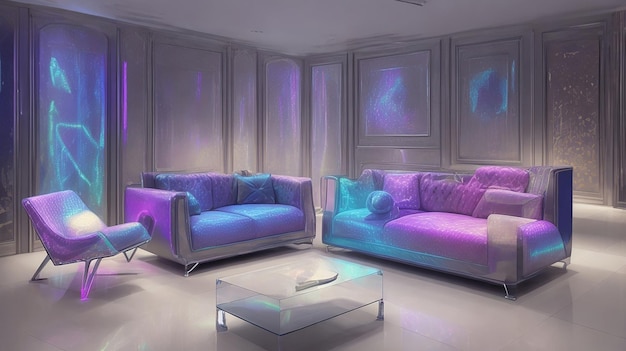 A living room with holographic furniture