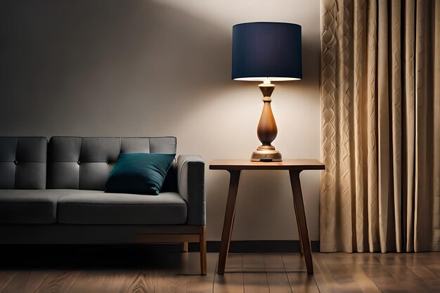 a living room with a lamp and a lamp on a table