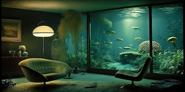 A living room with a large aquarium and a chair that says