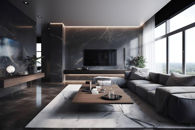 Premium Photo | A living room with a large black and grey sofa and ...