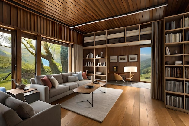 A living room with a large bookcase and a bookcase