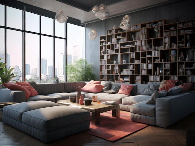 A living room with a large bookshelf and a large window with a city view in the background.