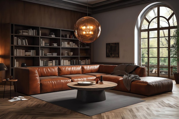 A living room with a large brown leather sofa and a large round table with a round light fixture.