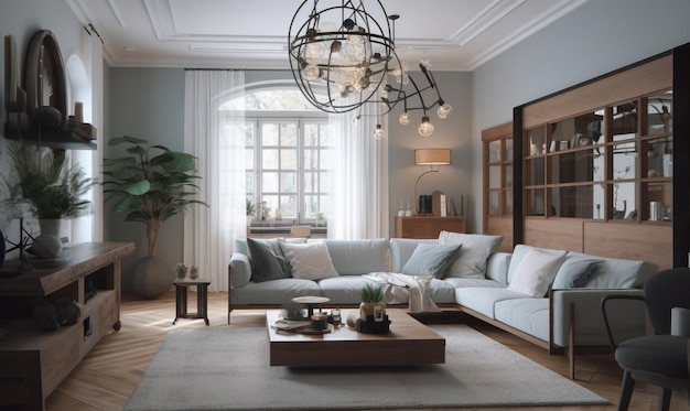 A living room with a large chandelier and a couch with a blue sofa and a large light fixture.