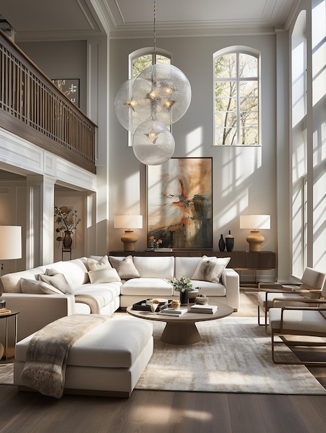 A living room with a large chandelier and large windows