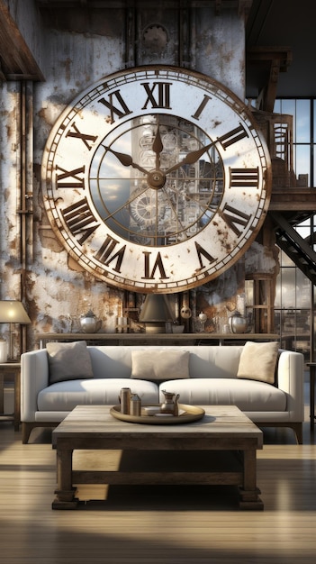 A Living Room With a Large Clock on the Wall