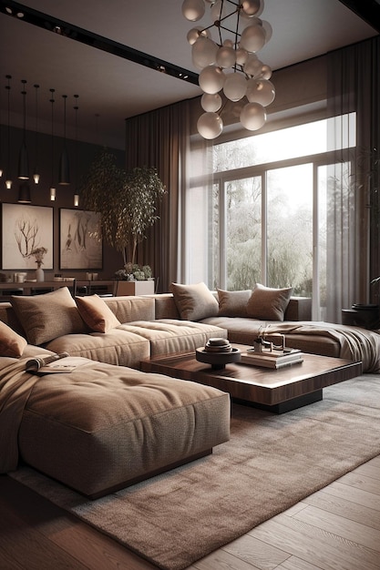 A living room with a large couch and a coffee table with a lamp on it.