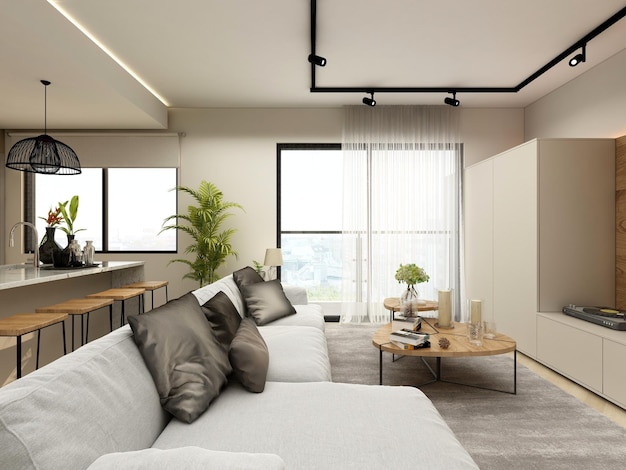 A living room with a large couch and a coffee table with a lamp on it.