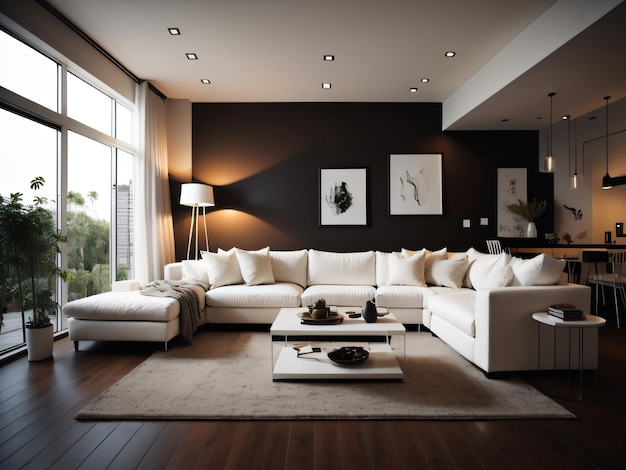A living room with a large couch and a coffee table with two pictures on the wall.