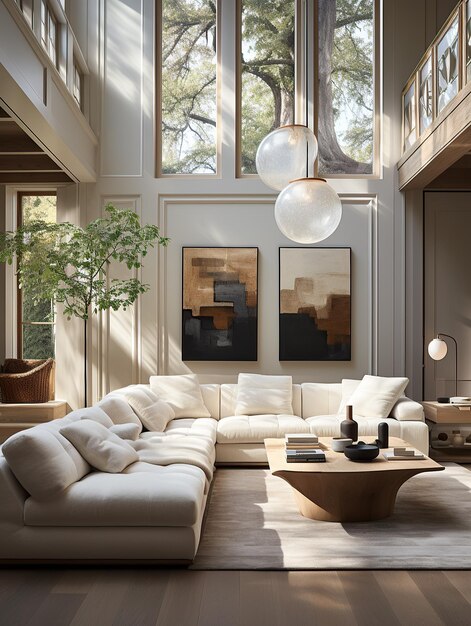 A living room with a large couch and a coffee table