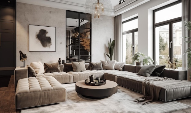 A living room with a large couch and a large coffee table