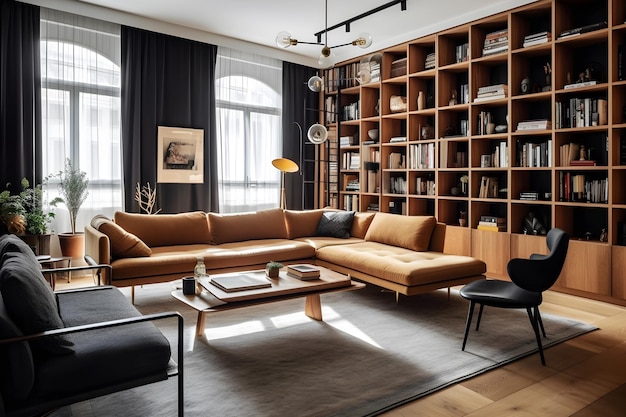 A living room with a large couch and a large shelf with bookshelves.