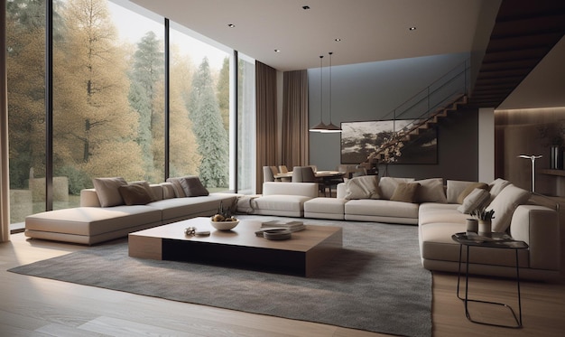 A living room with a large couch and a large window that says'the word home'on it