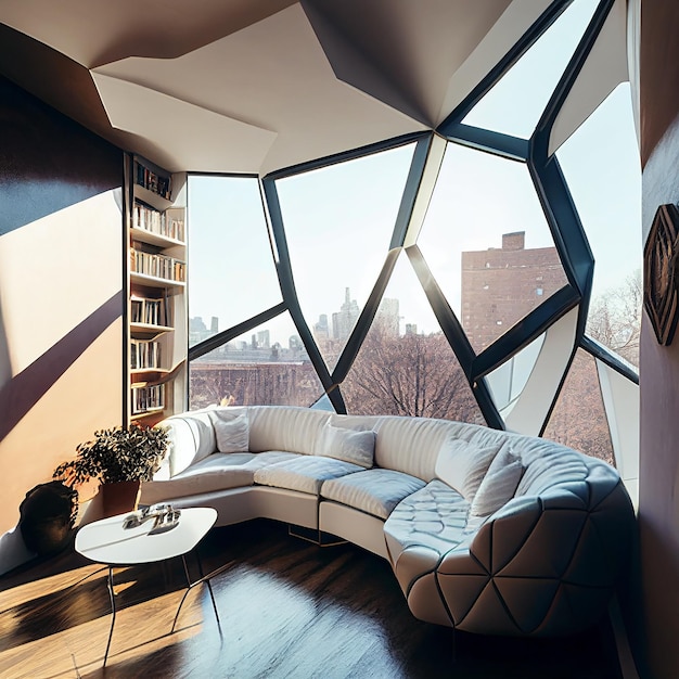 A living room with a large couch and a large window with a view of the city.