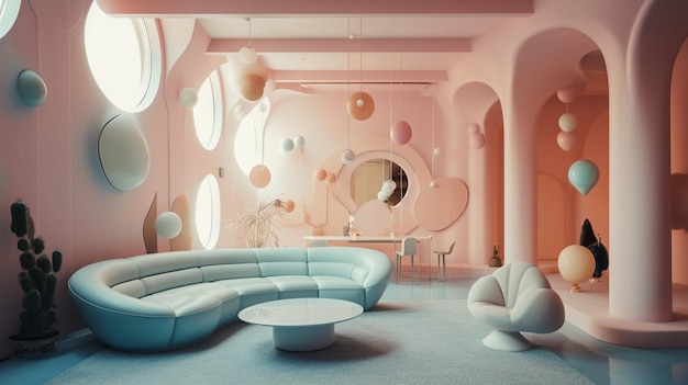 Photo a living room with a large couch and a round window that says'pink room '