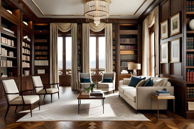 A living room with a large couch, a table, and a bookcase with a bookcase on it.