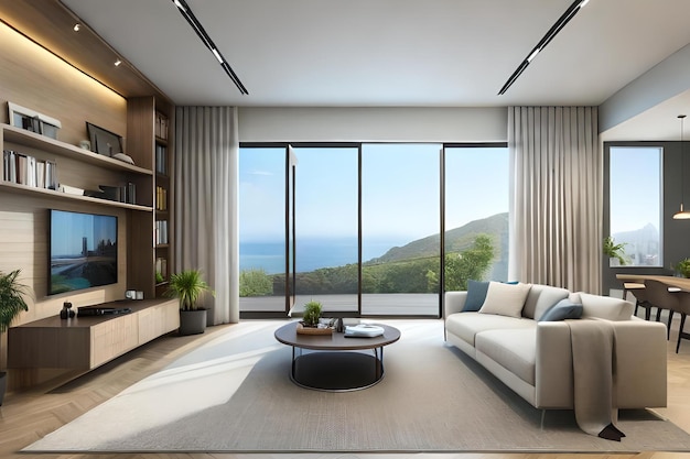 A living room with a large couch and a table with a bookcase on it.