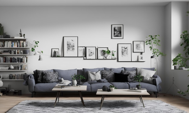 A living room with a large couch and a wall of pictures on it.