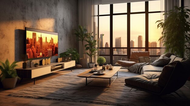 A living room with a large flat screen tv on the wall and a couch with a chair and a coffee table