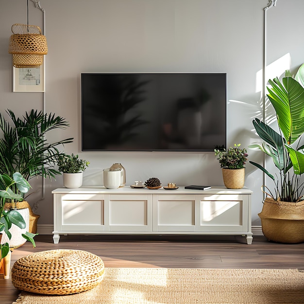 A living room with a large flat screen tv on the wall and potted plants on the floor in front of it