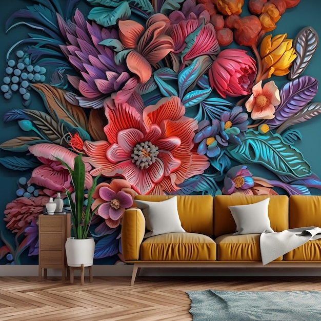 A living room with a large floral mural on the wall.