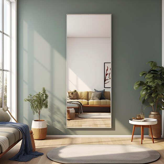 A living room with a large mirror and a couch and a plant on the wall