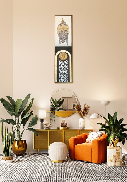 A living room with a large painting of a elephant and a gold dresser.