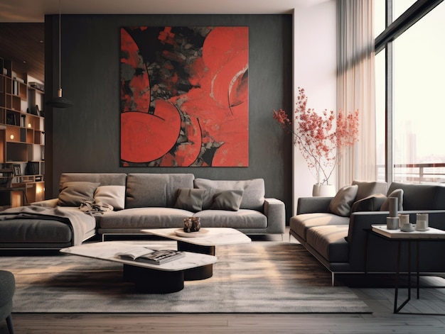 A living room with a large painting on the wall that says'i love you '