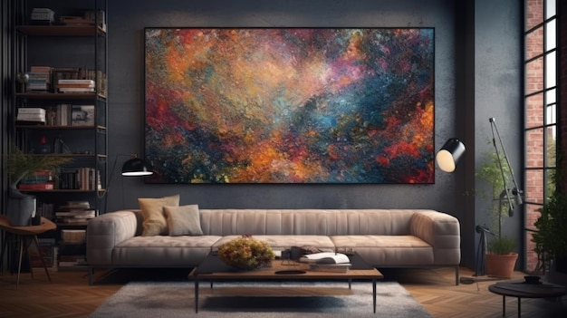 A living room with a large painting on the wall that says'the word art '