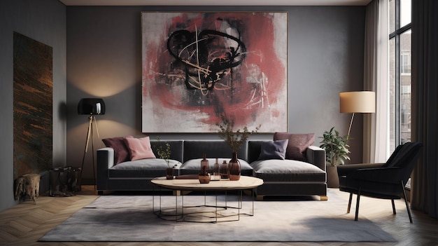 A living room with a large painting on the wall