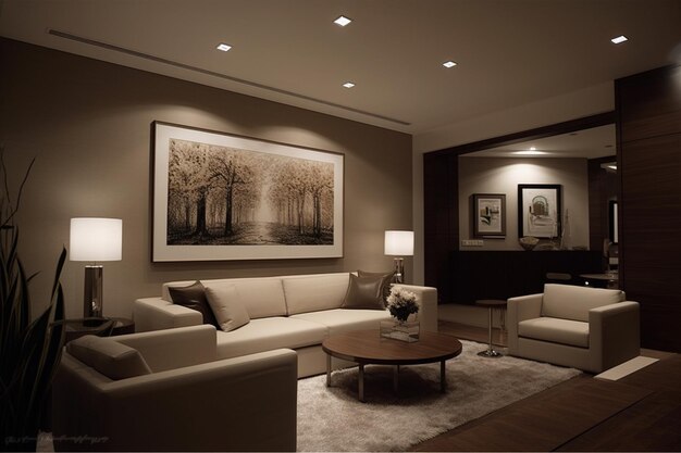 A living room with a large painting on the wall