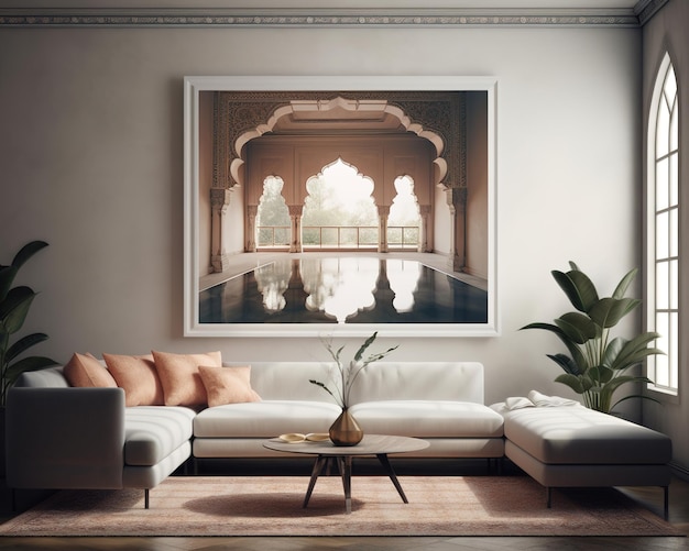 A living room with a large picture of a building and a plant.