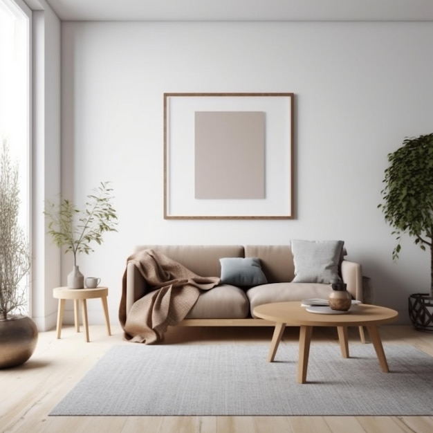 A living room with a large picture frame and a plant on the wall.