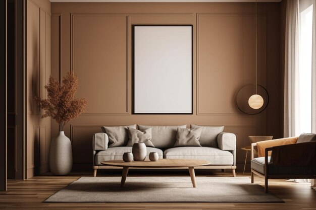 A living room with a large picture frame that says'the word home'on it