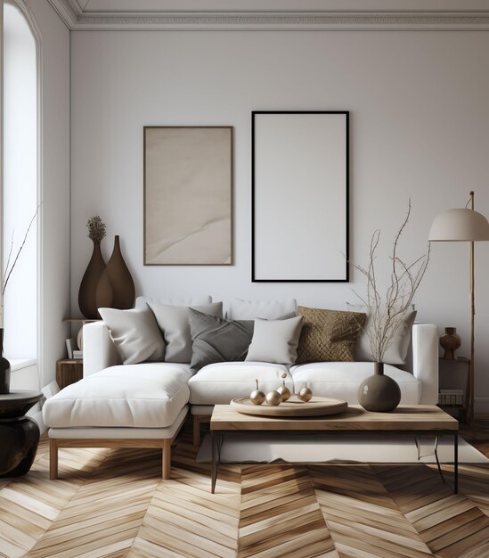 A living room with a large picture frame on the wall that says " no one is sitting on a couch ".