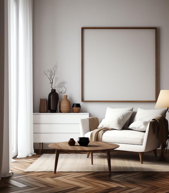 A living room with a large picture frame and a white couch with a brown blanket on it.