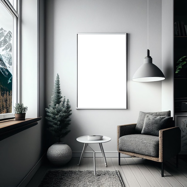 A living room with a large picture of a mountain in the background.