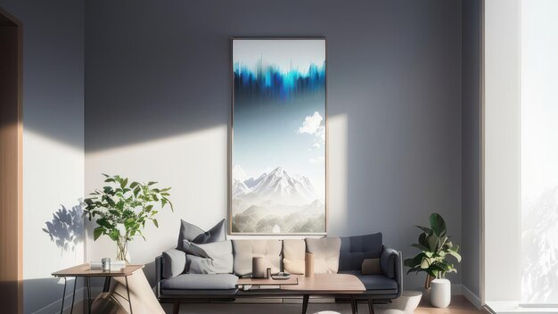 A living room with a large picture of a mountain and a blue sky.