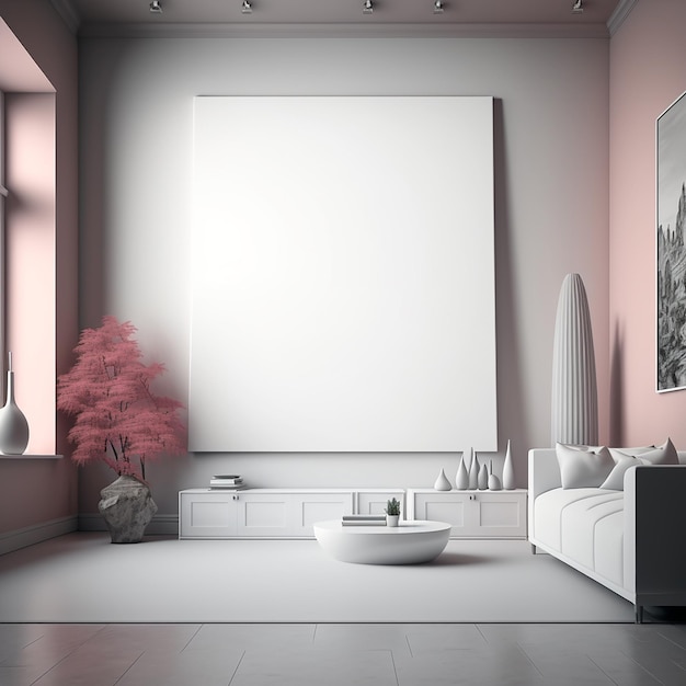 A living room with a large picture on the wall that says " pink ".