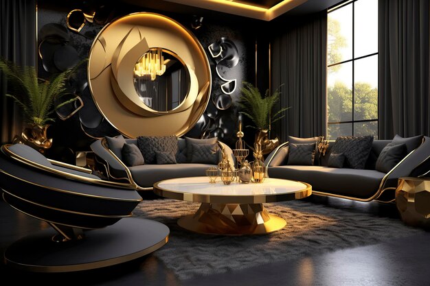 Photo a living room with a large round table and a large round table with a large gold circle on it