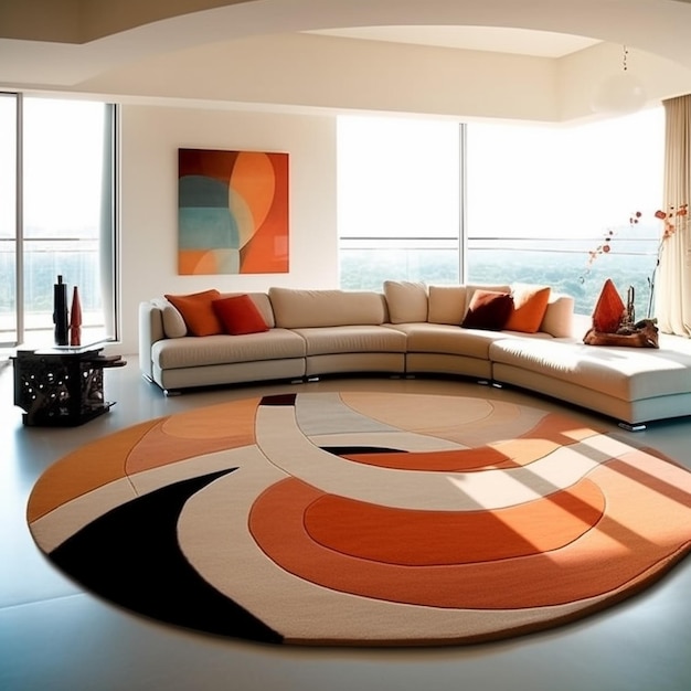 a living room with a large rug and a large orange and white circle