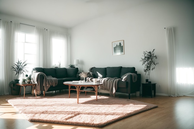 Photo a living room with a large rug and a large rug with a picture of a tree on the wall.