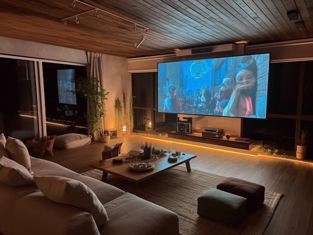 A living room with a large screen that says'a girl is watching a movie '