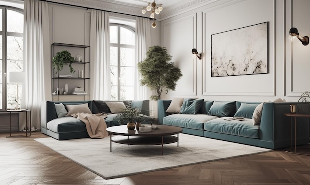 A living room with a large sofa and a coffee table with a plant on it.